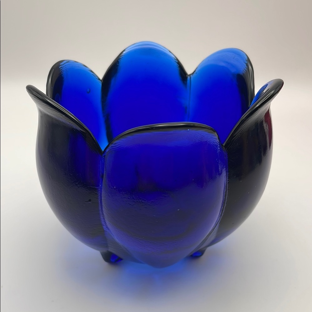 Floral Shaped Tea light Holder, Cobalt Blue, Recycled Glass, Made in Spain